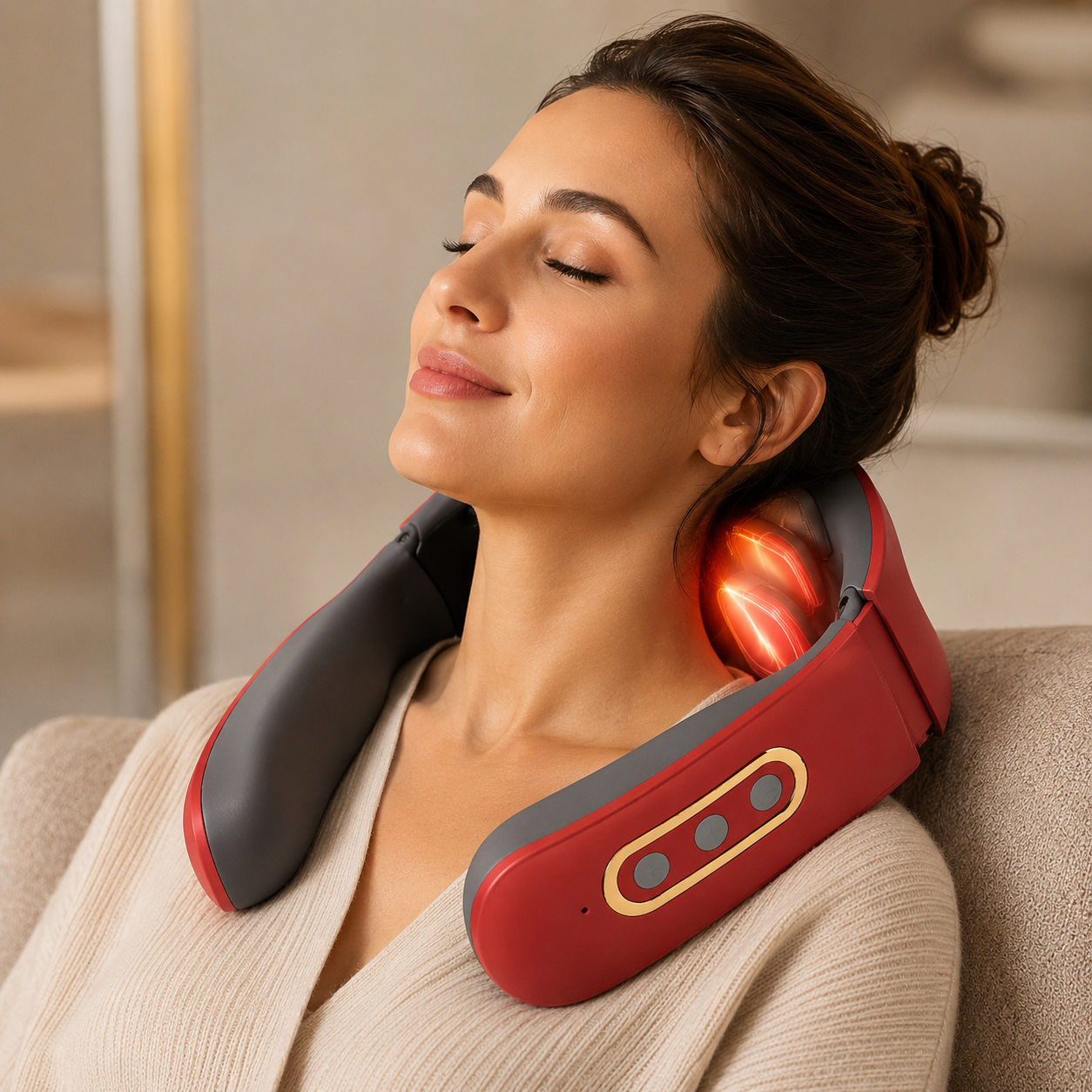 Vrouw ontspant met DailyEaseo elektrische nek- en schoudermassager met warmtefunctie