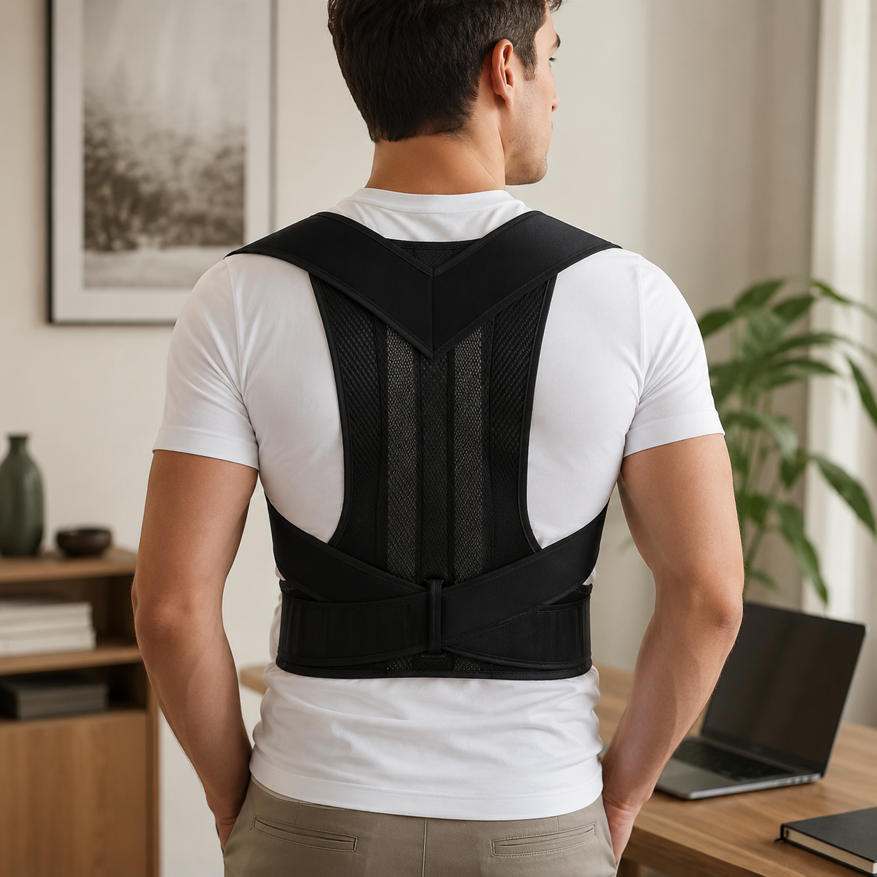 Achterkant DailyEaseo houdingsbrace met ademend mesh materiaal op man in wit t-shirt