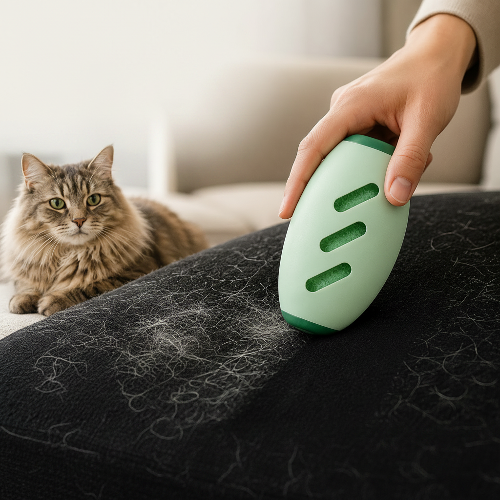 DailyEaseo dierenhaarverwijderaar verwijdert kattenhaar van zwarte zetel