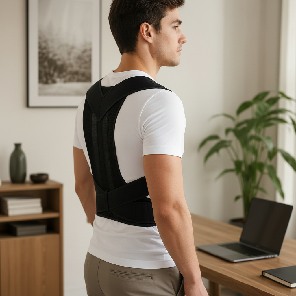 Man draagt DailyEaseo houdingsbrace voor rechte rug en betere houding thuis