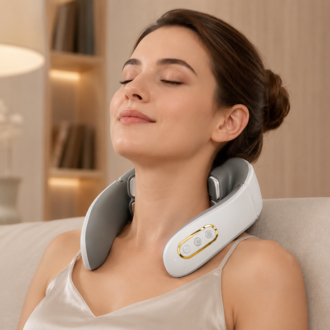 Vrouw gebruikt DailyEaseo nekmassager thuis op de sofa met gesloten ogen